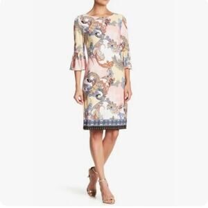 Chetta B Elegant Paisley 3/4 Bell Sleeves Lined Shift Dress Women's Size 8